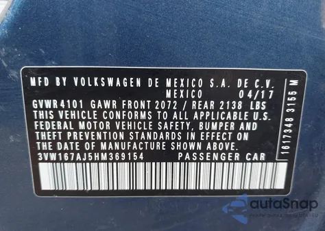 2017 Volkswagen Jetta 1.4T S z USA, uszkodzony, nr VIN 3VW167AJ5HM369154